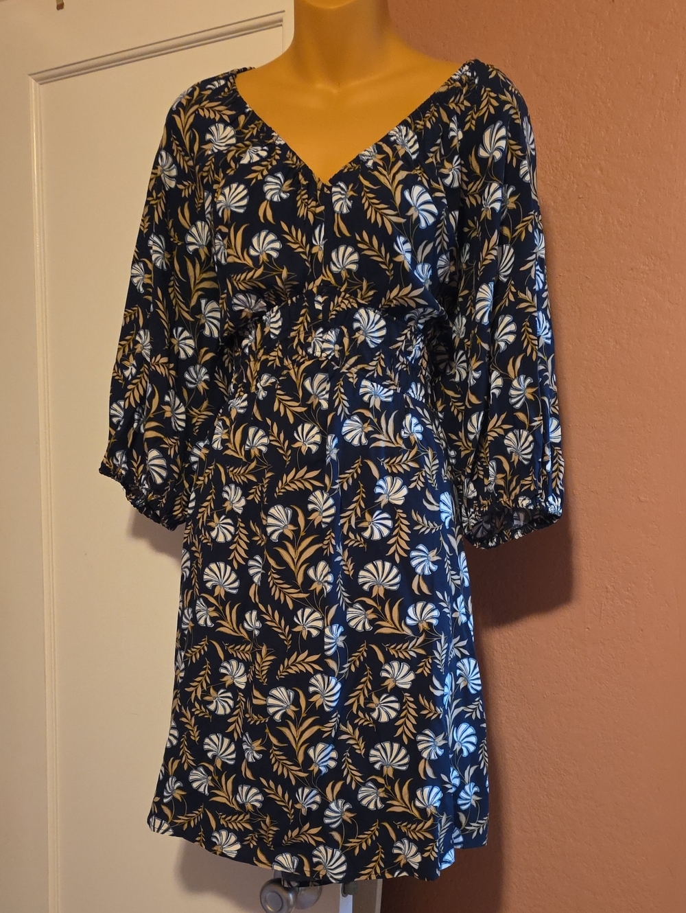 LOFT Navy Floral Midi Dress with Cream Leaf Print